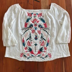 Solitaire White Off the Shoulder Blouse with Colorful Floral and Bird Embroidery